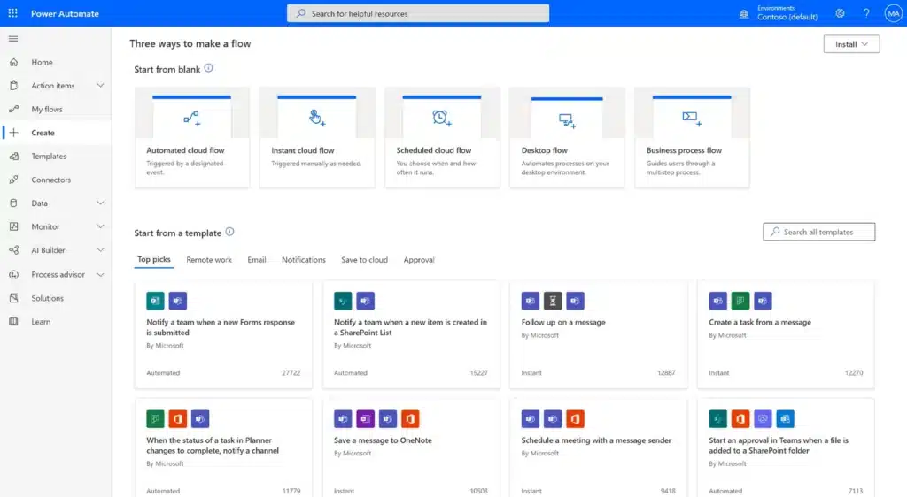 Choose from a range of templates and connectors through a quick search or by exploring different categories. Connect popular first and third-party cloud apps and services and start automating.