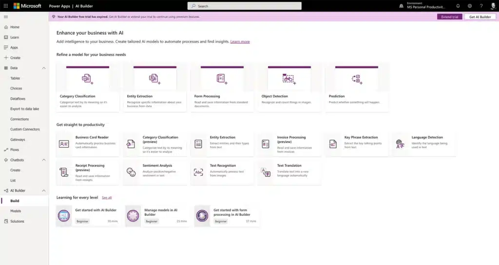 Infuse AI capabilities into your apps even if you don’t have technical expertise. Tap into the pre-built AI components of the AI-builder to integrate features like task automation into your apps.
