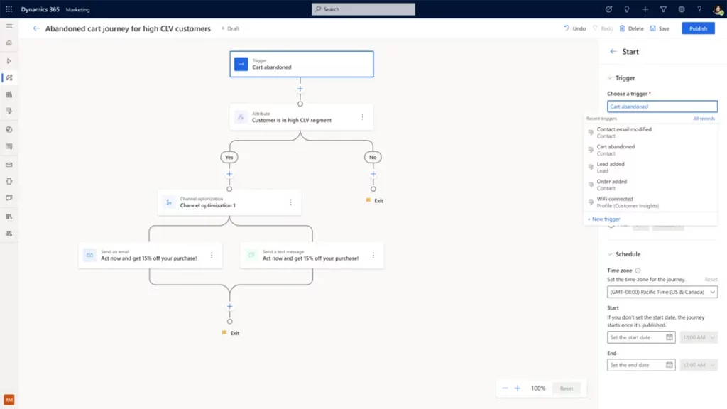 Craft personalized customer journeys around customer interactions on their preferred channel, whether it's email, website, or SMS, at the right time and with the right message. Take advantage of built-in event triggers and AI-driven recommendations to enhance the effectiveness of your campaigns.